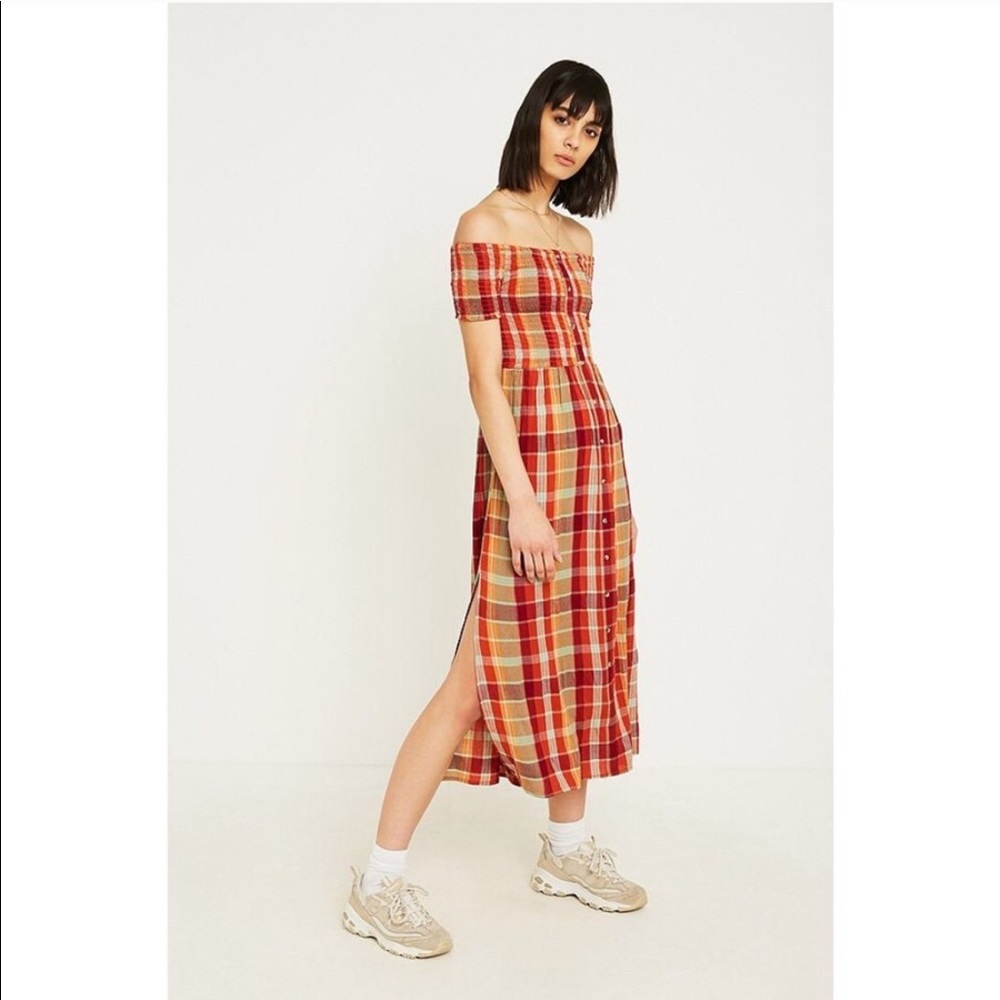 Urban Outfitters Red and Orange Plaid Off-Shoulder Midi Dress